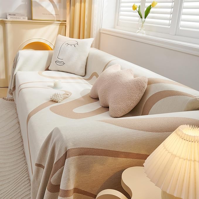 VClife Boho Couch Cover Beige Khaki Stripe Sofa Cover - Image 9