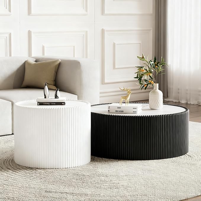 2-Piece Round Nesting Coffee Table Set, 29.52" Marble Coffee Table and End by Henf