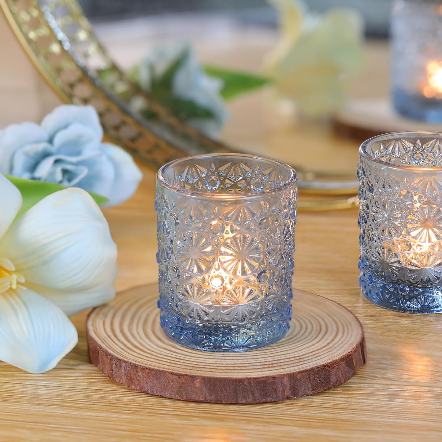 Blue Votive Candle Holder Set of 36, Flower Tea Lights Candles Holders for Wedding Table Centerpieces, Birthday Parties, Home Decor, Blue Bridal Shower and Holiday Decorations