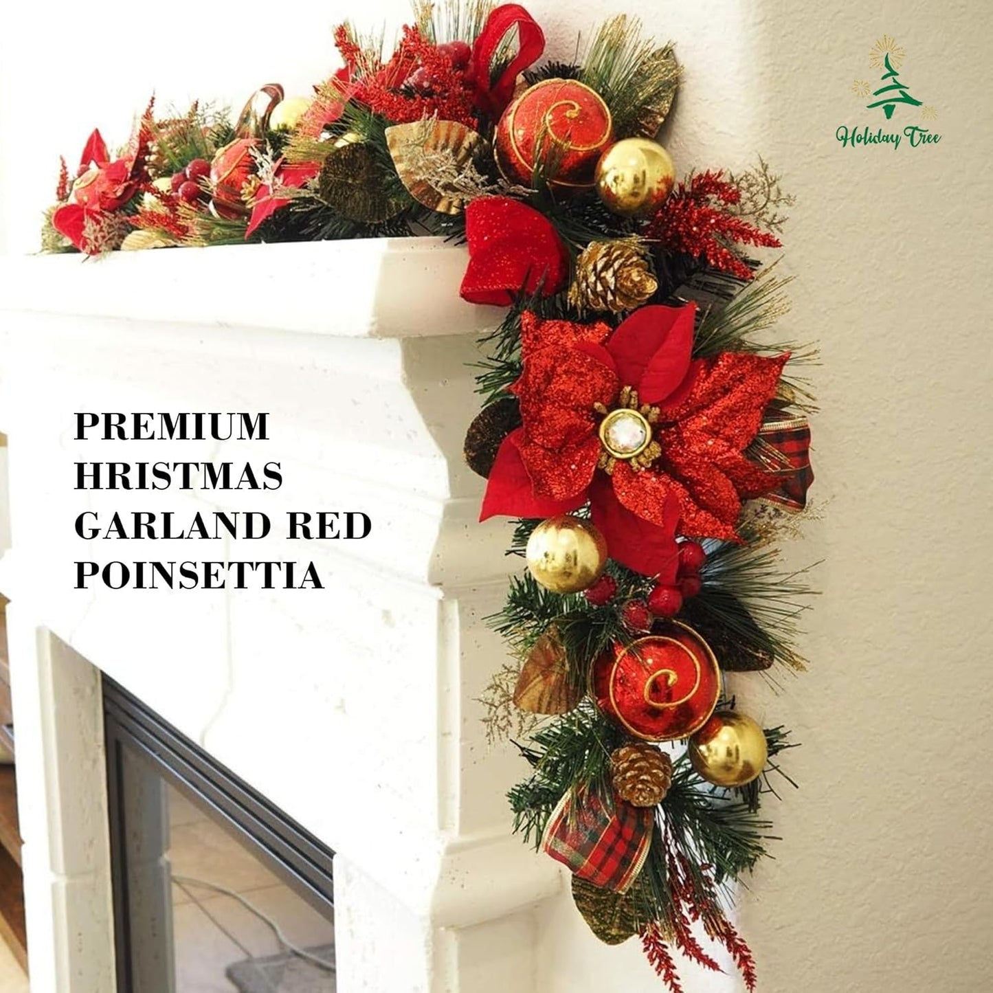 5 ft Christmas Garland for Mantle Unlit Garland for Stairs Railing, Banister, Staircase, Fireplace, for Table No Light, Garland Decor Frosted Red Poinsettia Holiday Tree (Decorated Red Poinsettia)