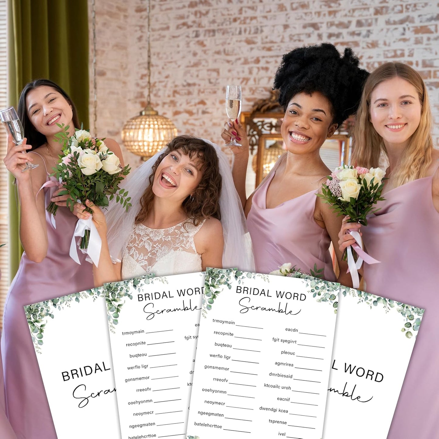 Eucalyptus Bridal Shower Game Cards - Word Scramble, Wedding Engagement Bachelorette Party Bridal Shower Games for 30 Guests, 30 Double Sided Cards with 1 Answer Card, Activity Supplies & Favor/A05