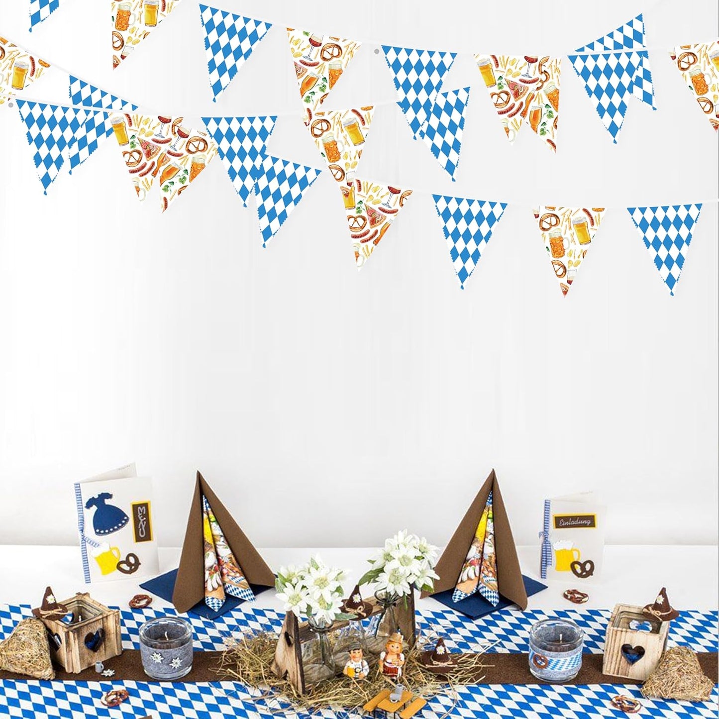 32Ft Oktoberfest Party Decorations Blue Plaid Triangle Flag Fabric Banner Pennant Garland Streamer for Oktoberfest Birthday German Baby Shower Bavarian Party Decor Supplies
