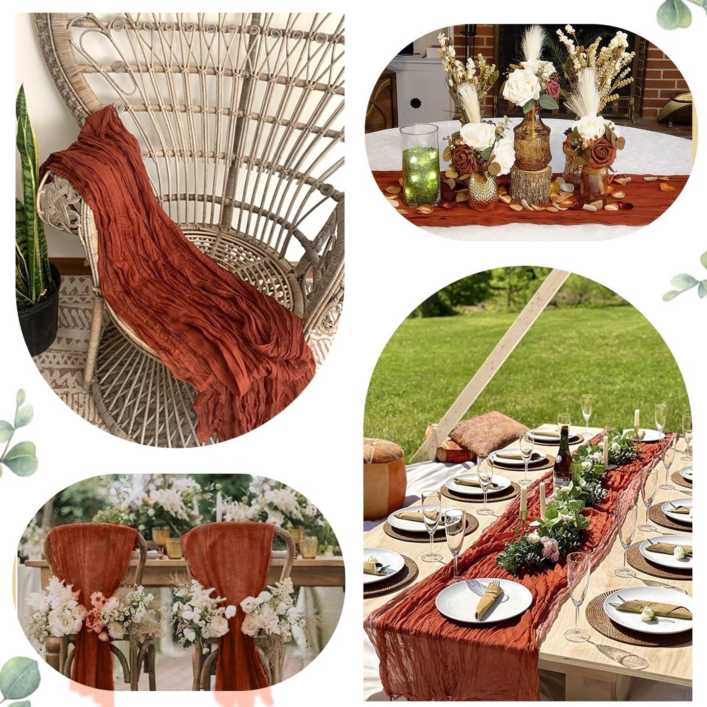 12 Pack Fall Table Runner Terracotta Cheesecloth Table Runner 35x120 Inch Rust Gauze Burnt Orange Cheese Cloth for Wedding Baby Bridal Shower Party Centerpiece Sheer Thanksgiving Fall Decorations