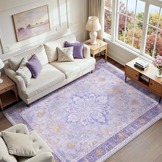 RELEANY Area Rugs 7'x9' Washable Non-Slip, Floral Vintage Distress Print by RELEANY