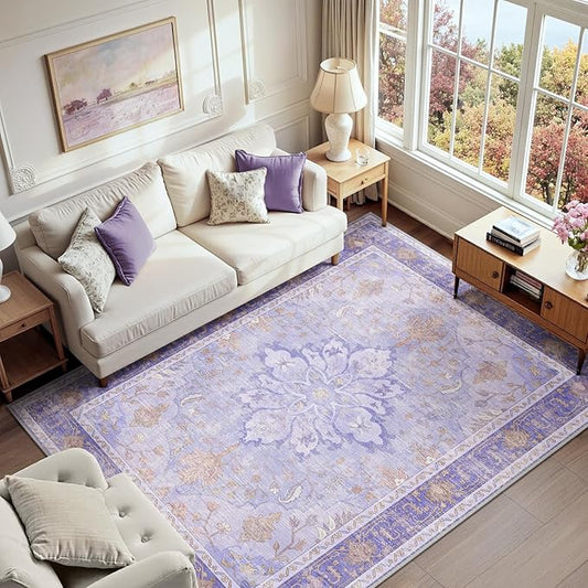RELEANY Area Rugs 6'x8' Washable Non-Slip, Floral Vintage Distress Print by RELEANY
