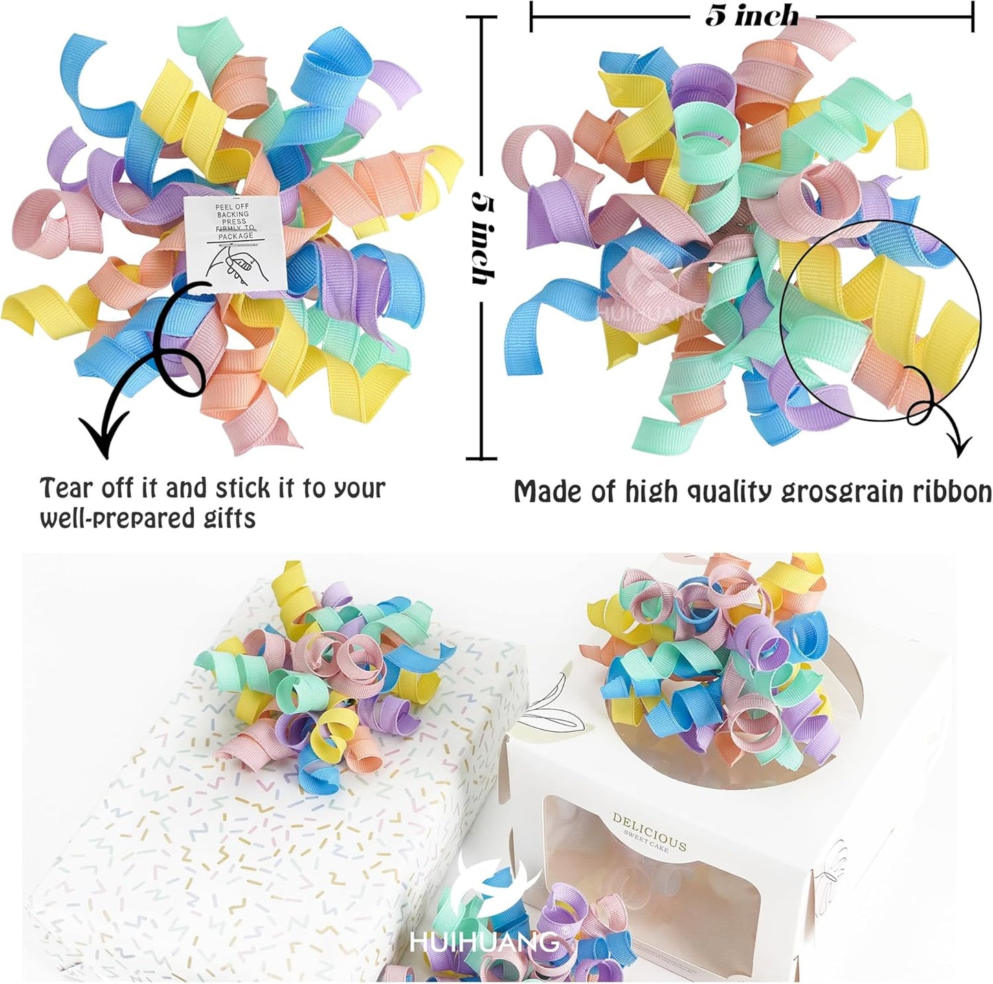 HUIHUANG Pastel Curly Ribbon Bows Pastel Bows for Gift Wrapping, Self Adhesive Burst Gift Bow for Presents, Birthday, Holiday Party Favors, Wine Bottle, Treat Bags- 6 Counts