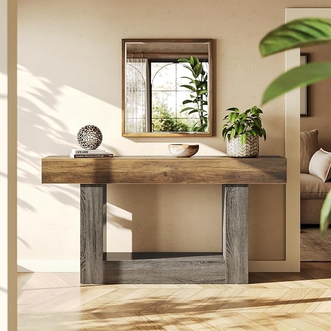 LITTLE TREE 63 Inches Long Console Table, 2-Tier Farmhouse Sofa Table Behind - Image 4