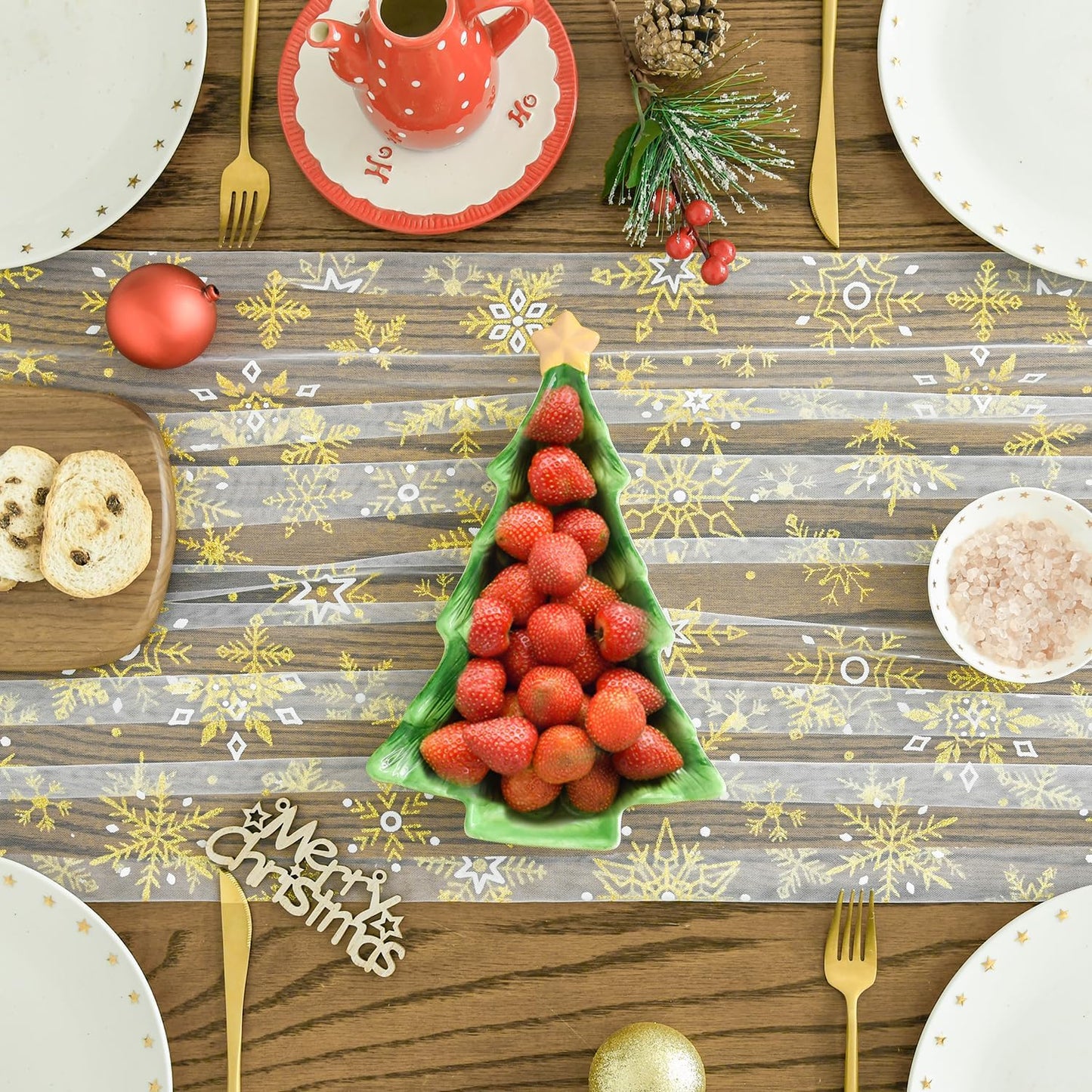 Artoid Mode Gold Snowflakes Christmas Gauze Table Runner 120 Inch 10FT, Winter Seasonal Sheer Dining Holiday Wedding Table Decor for Home Party