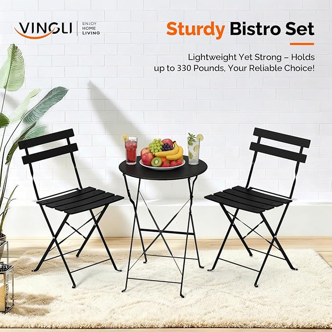 VINGLI Outdoor Folding Bistro Table and Chairs Set of 2, 3-Piece Bistro Set - Image 3