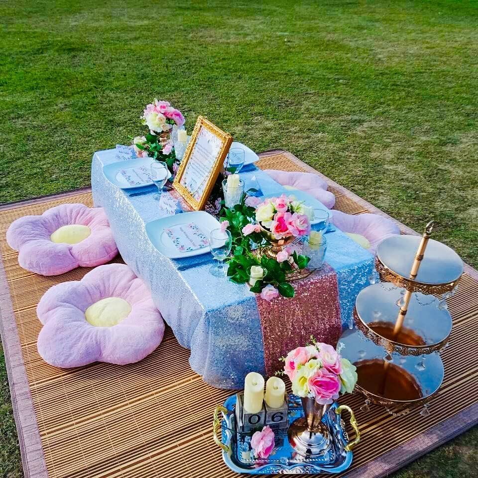 QueenDream Baby Blue Sequin Tablecloth 90x156 Inch Glitter Table Cloth for Baby Shower Birthday Party Decorations