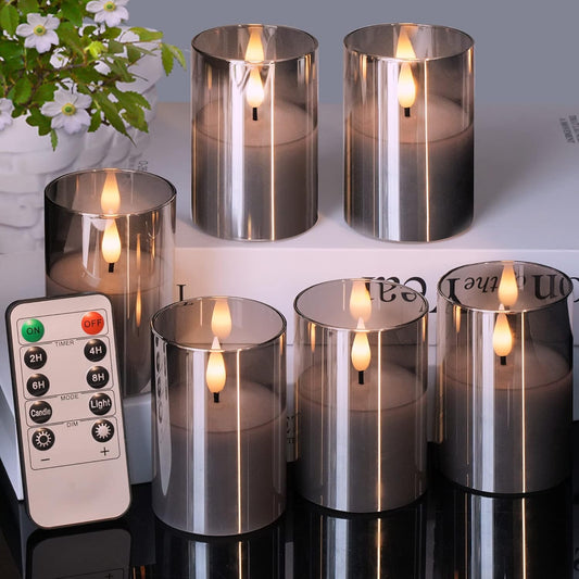 6Pack Glass Flickering Flameless Candles with Remote, 2"X3" Real Wax Votive Candles Battery Operated, Small Electric LED Candles for Wedding Home Decor, w/4 Timers+2 Lighting Modes [Gray]