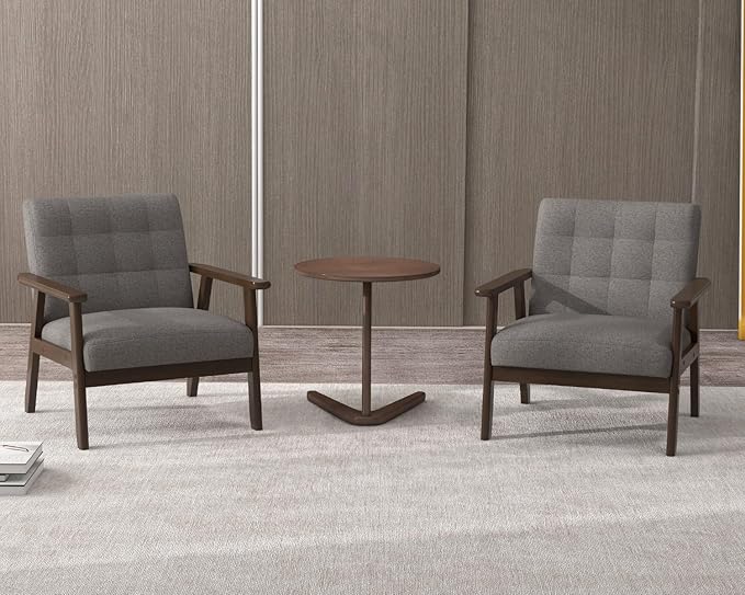 Modern Accent Chair with Wooden Table, Upholstered Linen Fabric Leisure Side - Image 3