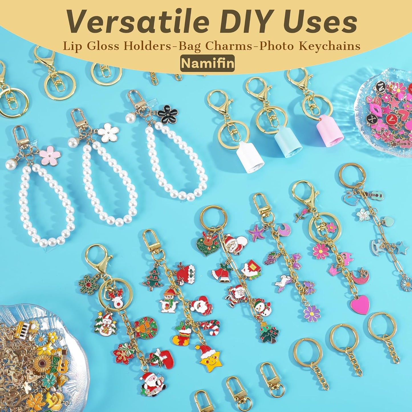 Namifin 384 Pcs Keychain Making Kit with Charms & Keychain Clips - DIY Bag Charms, Pearl Keychains, Photo Keychains, Personalized Gifts for Friends Small Business