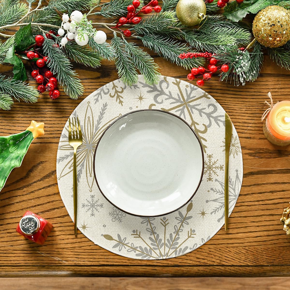Artoid Mode Beige Snowflake Let It Snow Winter Placemats Set of 8, 14 Inch Seasonal Christmas Xmas Round Table Mats for Dining Decoration
