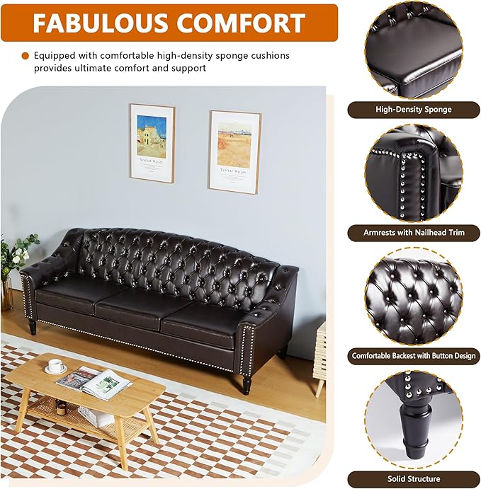 LEVNARY Mid-Century Modern Leather Couch, Chesterfield Sofa Sleeper Settee - Image 3