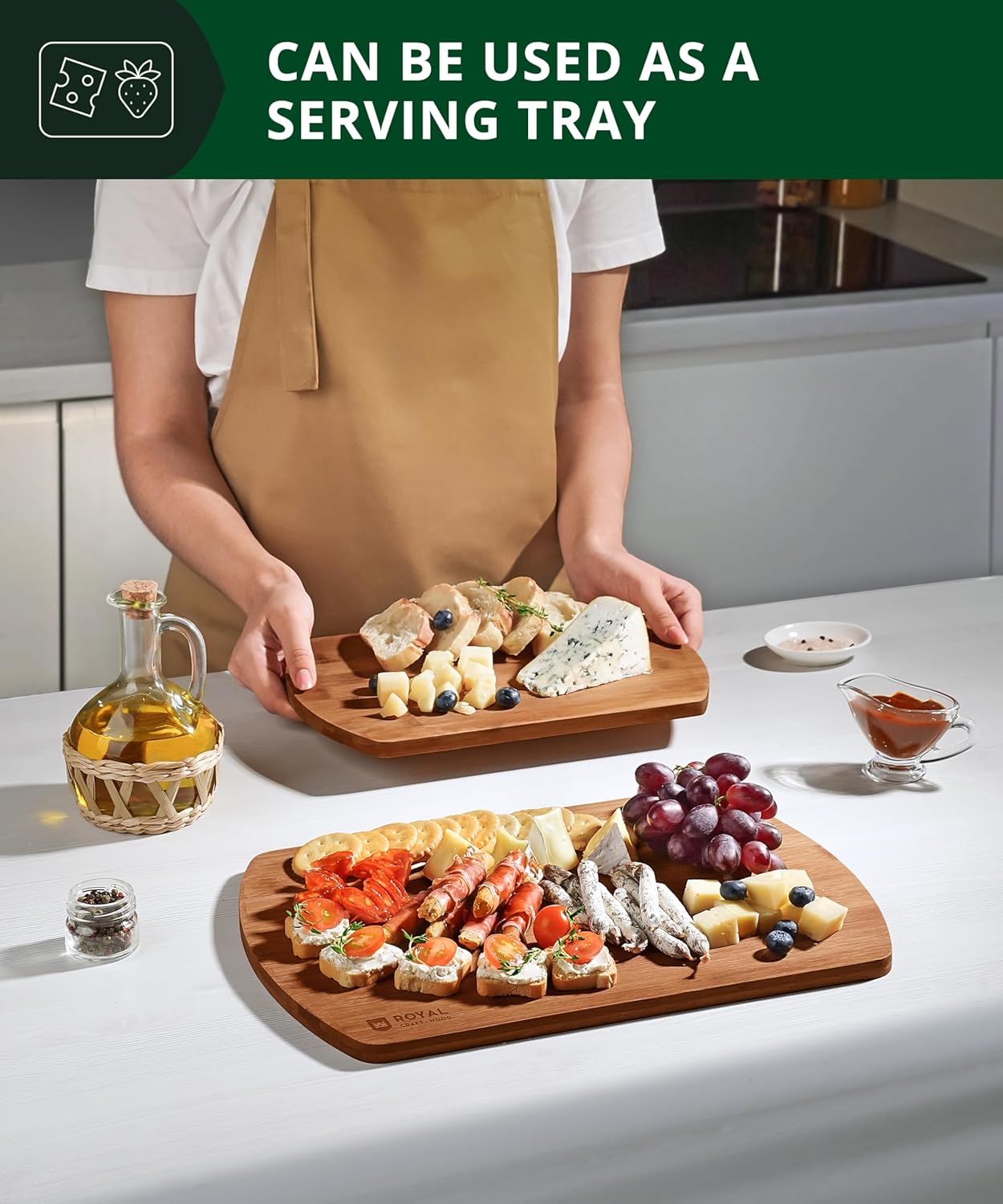 ROYAL CRAFT WOOD Wooden Cutting Boards for Kitchen Meal Prep & Serving - Bamboo Wood Serving Board Set with Deep Juice Groove Side Handles - Charcuterie & Chopping Butcher Block for Meat