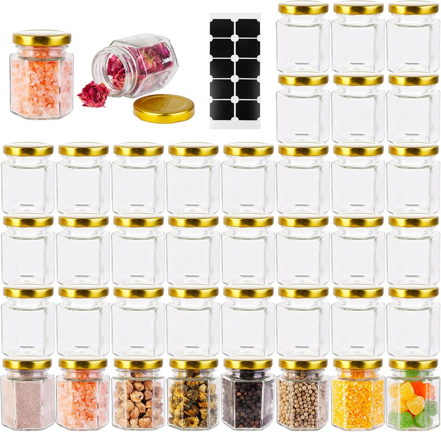 Small Glass Honey Jars with Lids 3oz,40 pack Airtight Glass Canning Jars with Gold Lids,Hexagon Glass Jars for Spice,Jam,Foods,Liquid,Baby Shower Favors,Wedding Favors,40 Labels