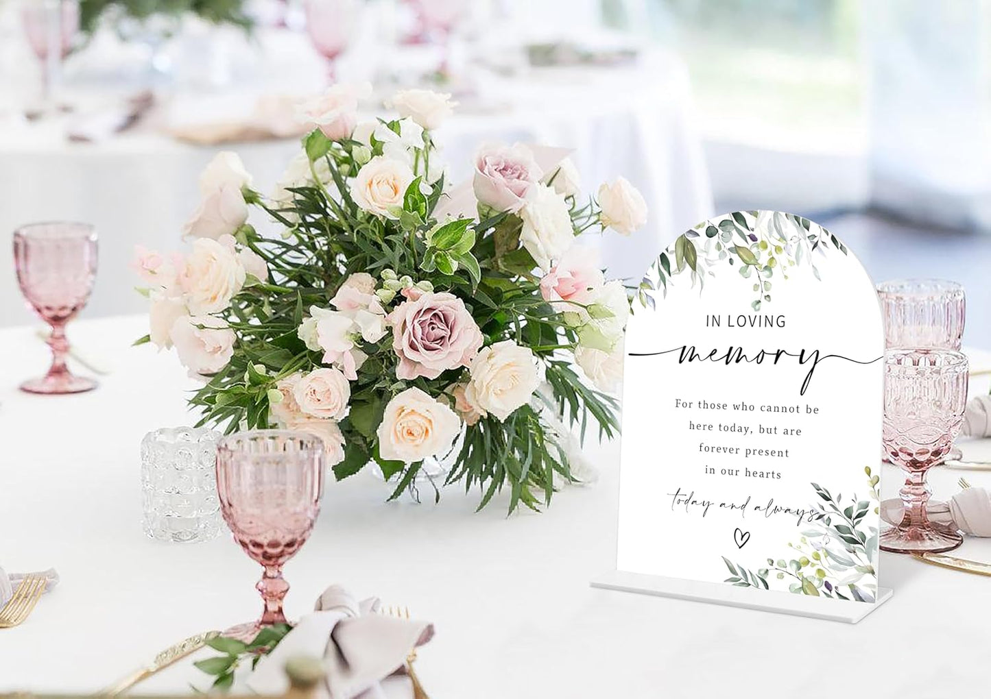 Greenery In Loving Memory Sign, 6 x 8 Inch White Arch Acrylic Wedding Sign with Holder, Wedding Sign for Ceremony and Reception, Wedding Decoration, Wedding Supplies - LY04