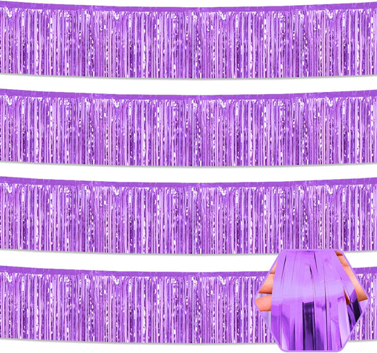 4 Pack 10 Feet Light Purple Foil Fringe Garland Metallic Tinsel Streamers Banner Wall Hanging Curtain Backdrop for Parade Floats, Wedding, Graduate, Mother's Day, Birthday Party Decoration