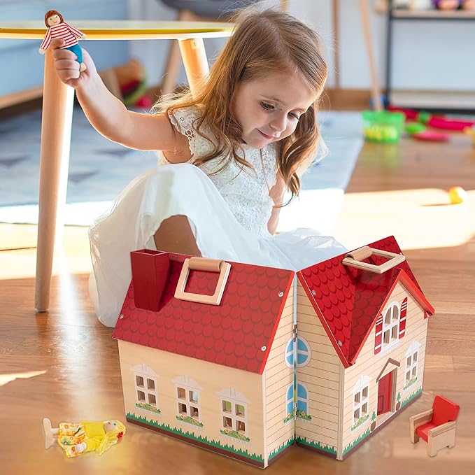Foldable Wooden Dollhouse with 13PCS Furniture, 4 Rooms and 2 Flexible Dolls - Image 6