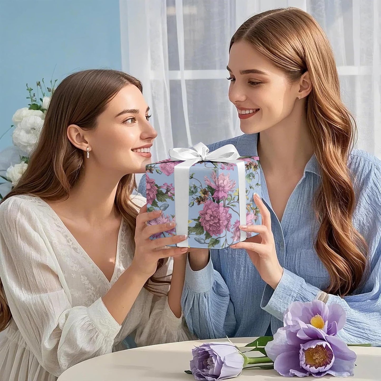 WRAPAHOLIC Kraft Floral Wrapping Paper Roll - Mini Roll - 17 Inch x 16.5 Feet - Vintage Flower Wrapping Paper Perfect for Wedding, Birthday, Bridal Shower, Tea Party