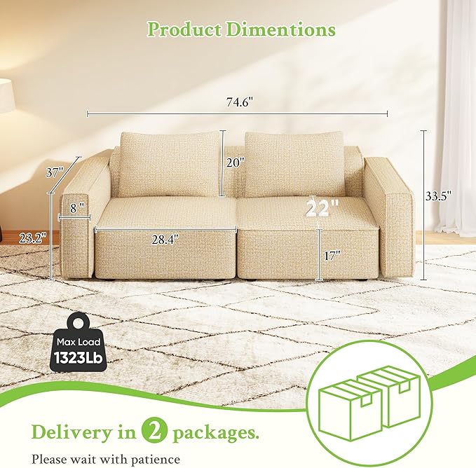 Welzona 75" loveseat Sofa, Comfy Chenille Love Seat, Wood Frame Small Couches - Image 2