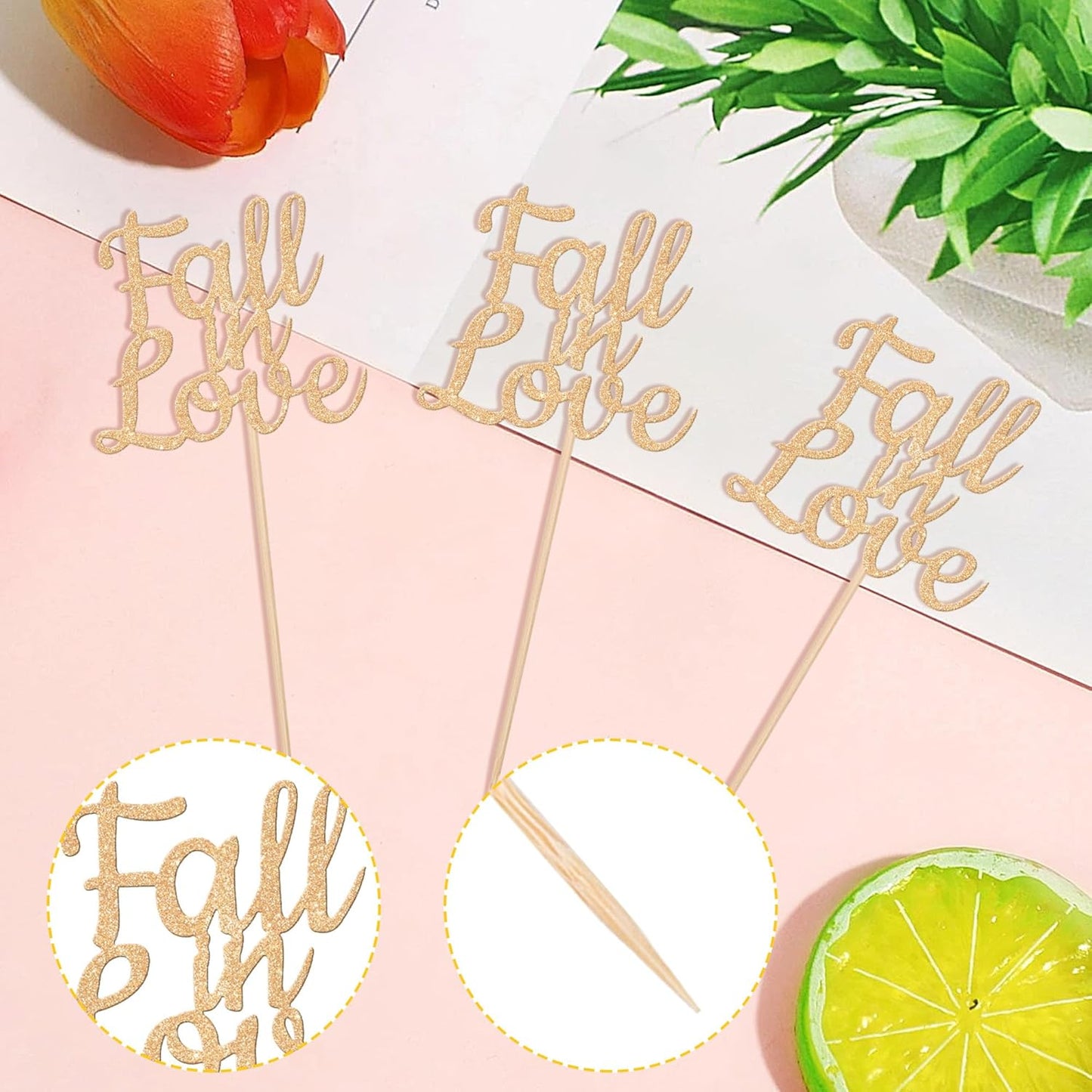 24 PCS Fall in Love Cupcake Toppers Glitter Fall Theme Bridal Shower Cupcake Picks for Autumn Wedding Engagement Anniversary Birthday Bridal Shower Party Cake Decorations Supplies Champagne Gold