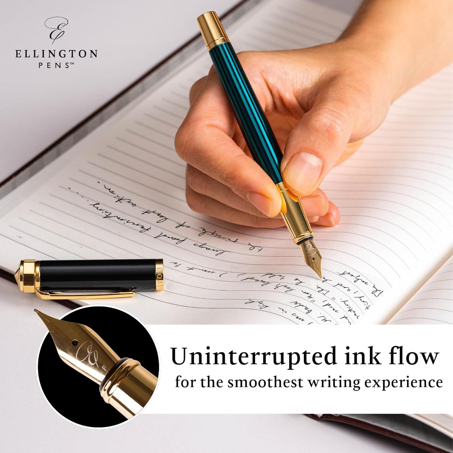 Ellington Pens Luxury Fountain Pen Set- Fountain Pens for Writing - Smooth Medium Nib - Includes Refillable Ink Converter, 3 Ink Cartridges [Black & Blue], Gift Box - Elegant Calligraphy