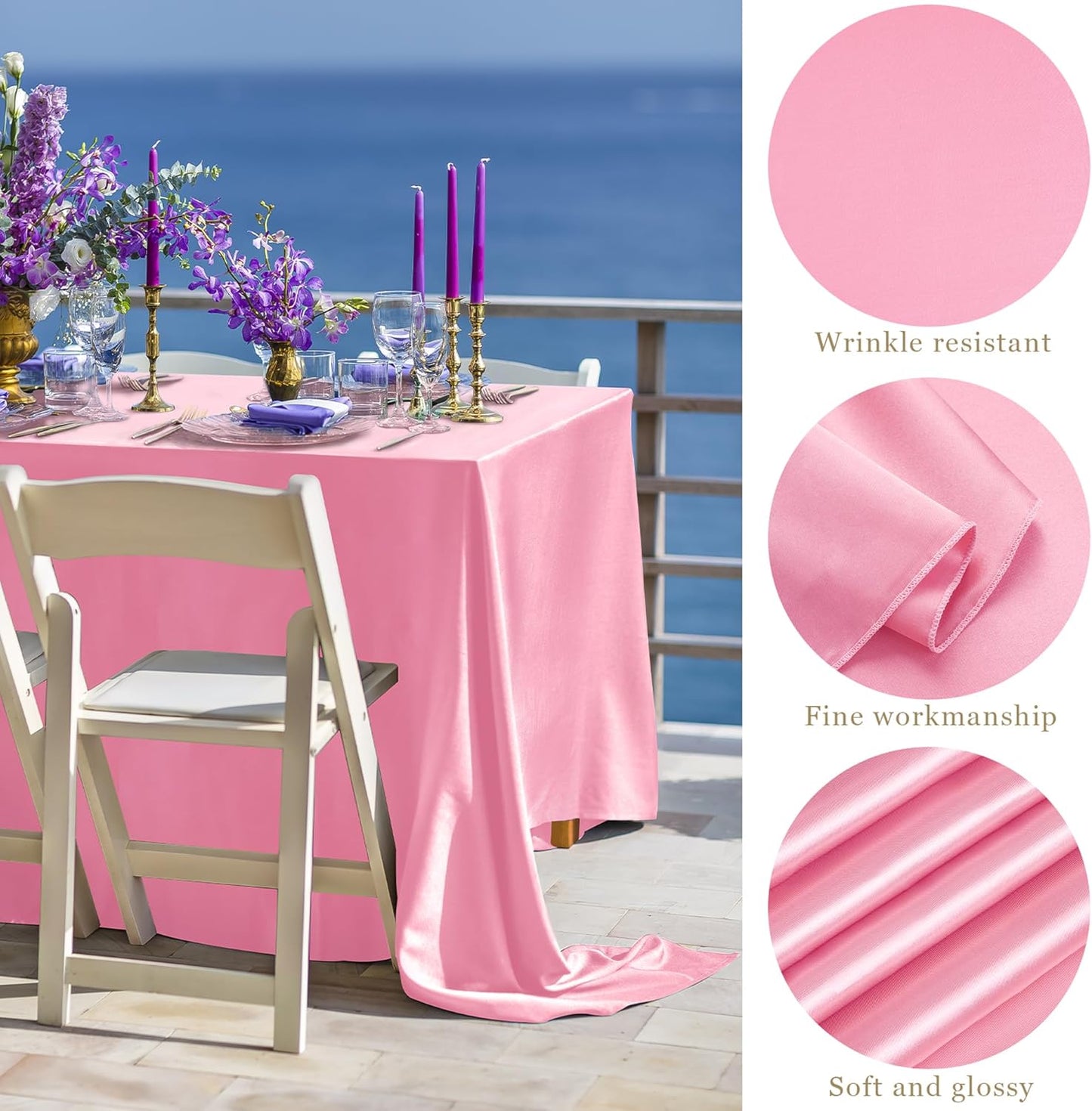 TURSTIN 1 Pack Pink Satin Tablecloth 102 x 58 Inch Overlay Satin Table Cover Rectangle Bright Silk Tablecloth Smooth Fabric Table Decoration for Wedding Banquet Party Events
