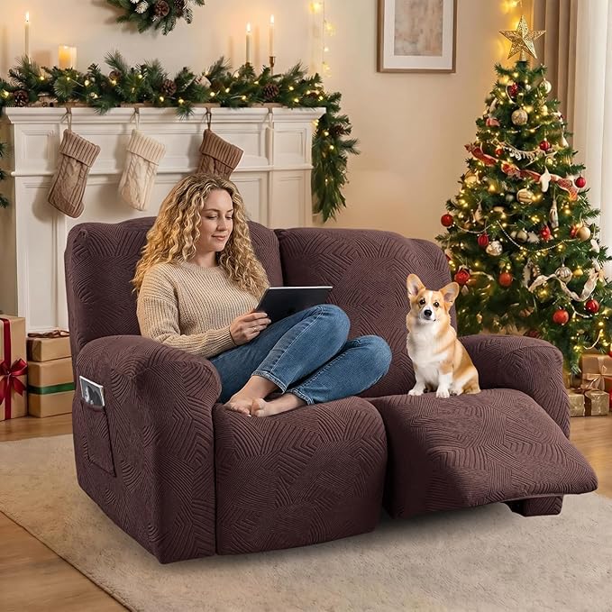 Recliner Loveseat Covers, 4-Piece Stretch Geometric Strokes Jacquard Reclining - Image 5