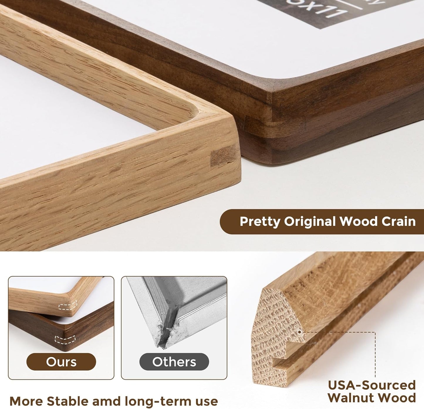 8.5x11 Picture Frame USA-Sourced Natural White Oak Wood Solid Original Wood Photo Frame Handcrafted Rounded Corner with Mat to 6x8 Picture Display with Real Glass Famil Photo, Certificate