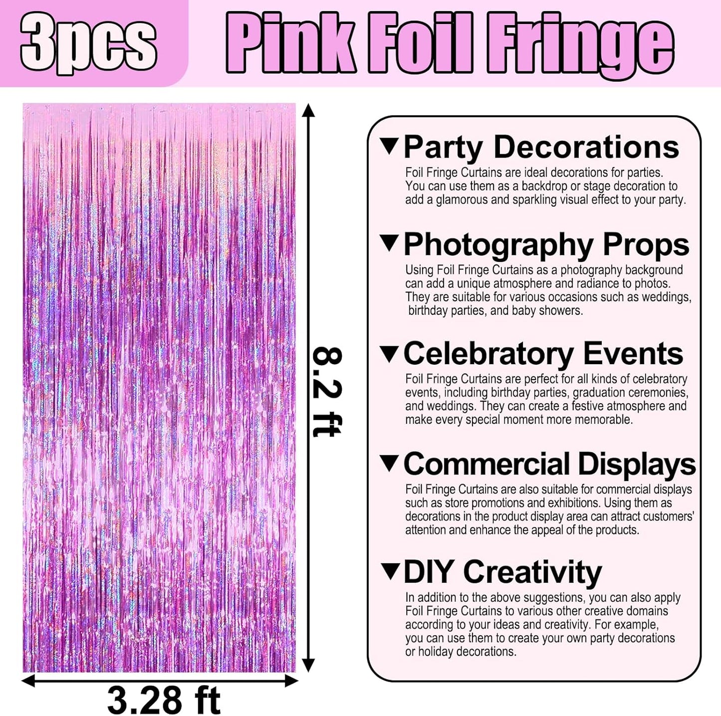 3 Pack Pink Foil Fringe Curtain Backdrop, 3.28Ft x 8.2Ft Metallic Tinsel Foil Fringe Streamer Curtains for Photo Booth, Mother's Day, Easter, Birthday, Wedding Party Decorations