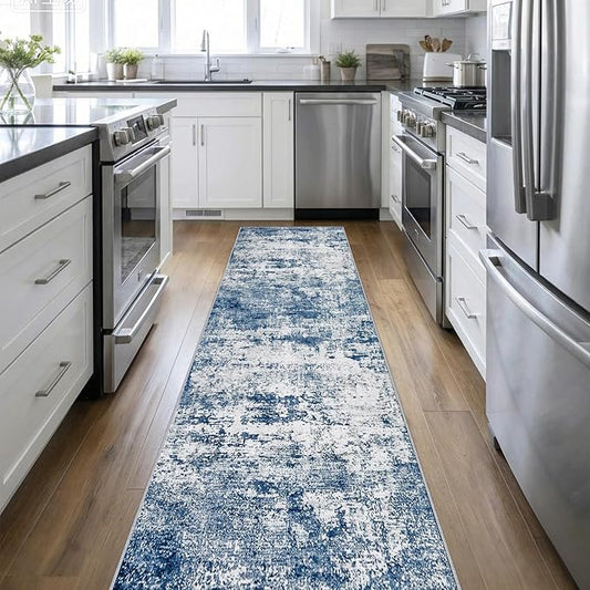 2.6'x14' Runner Rug Washable Rug: Modern Abstract Soft Thin Runner Rug Blue by FXRHLP