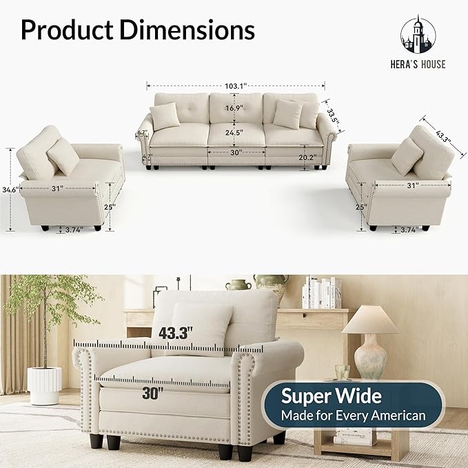 HERA'S HOUSE 3 Pieces Modular Sectional Sofa Sets, Oversized Couch Set - Image 9