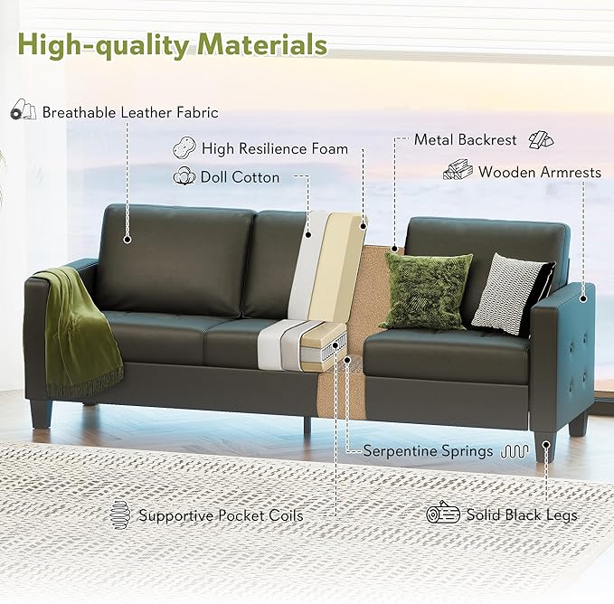 STHOUYN Black Faux Leather 3 Seater Sofa, Loveseat and Accent Chair, Modern - Image 4