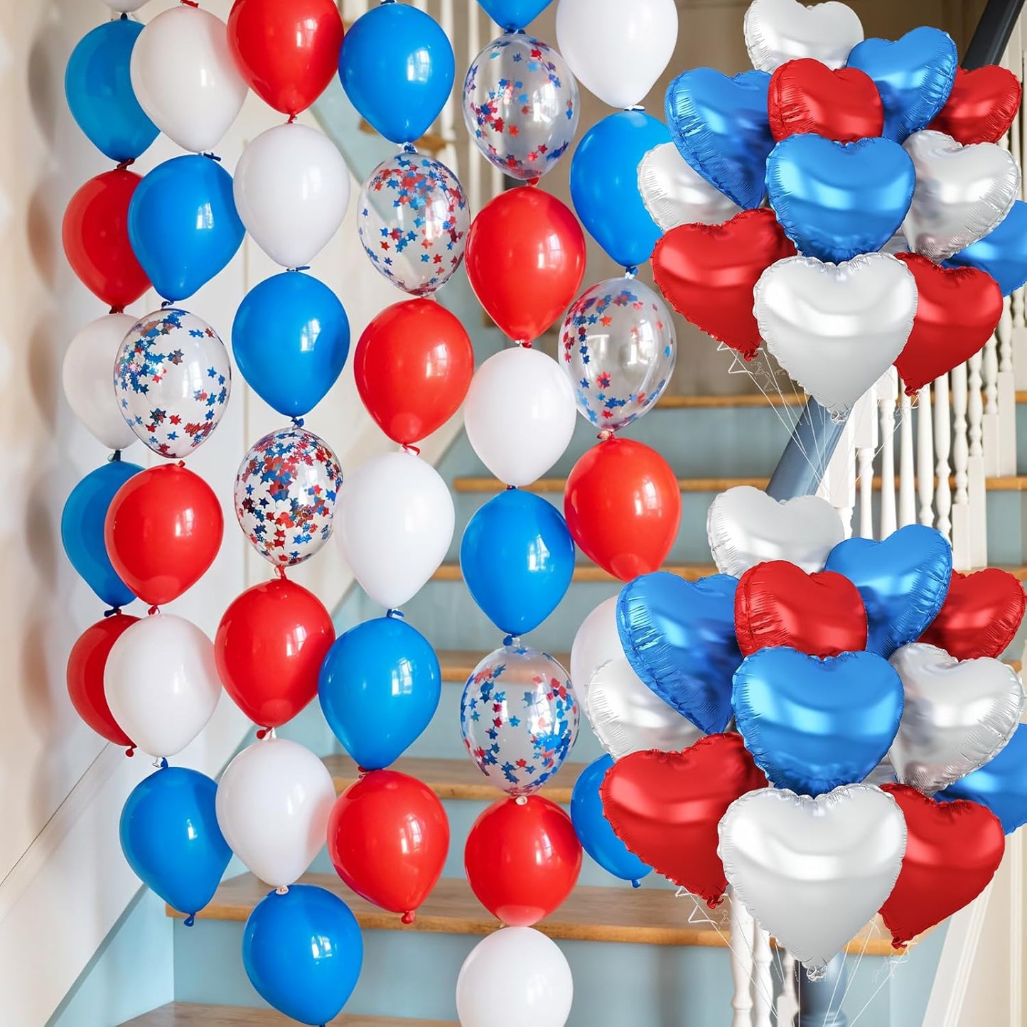 Red Blue Silver Heart Balloons,12Pcs 18Inch Blue Silver Red Heart Shaped Foil Helium Polyester Film Balloons for Birthday Anniversary Wedding Engagement 4th of July Party Decorations