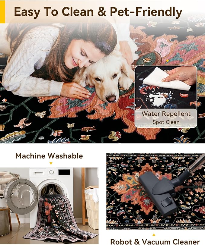 RELEANY Area Rugs Square 6ft Washable Non-Slip, Floral Vintage Distress Print - Image 3