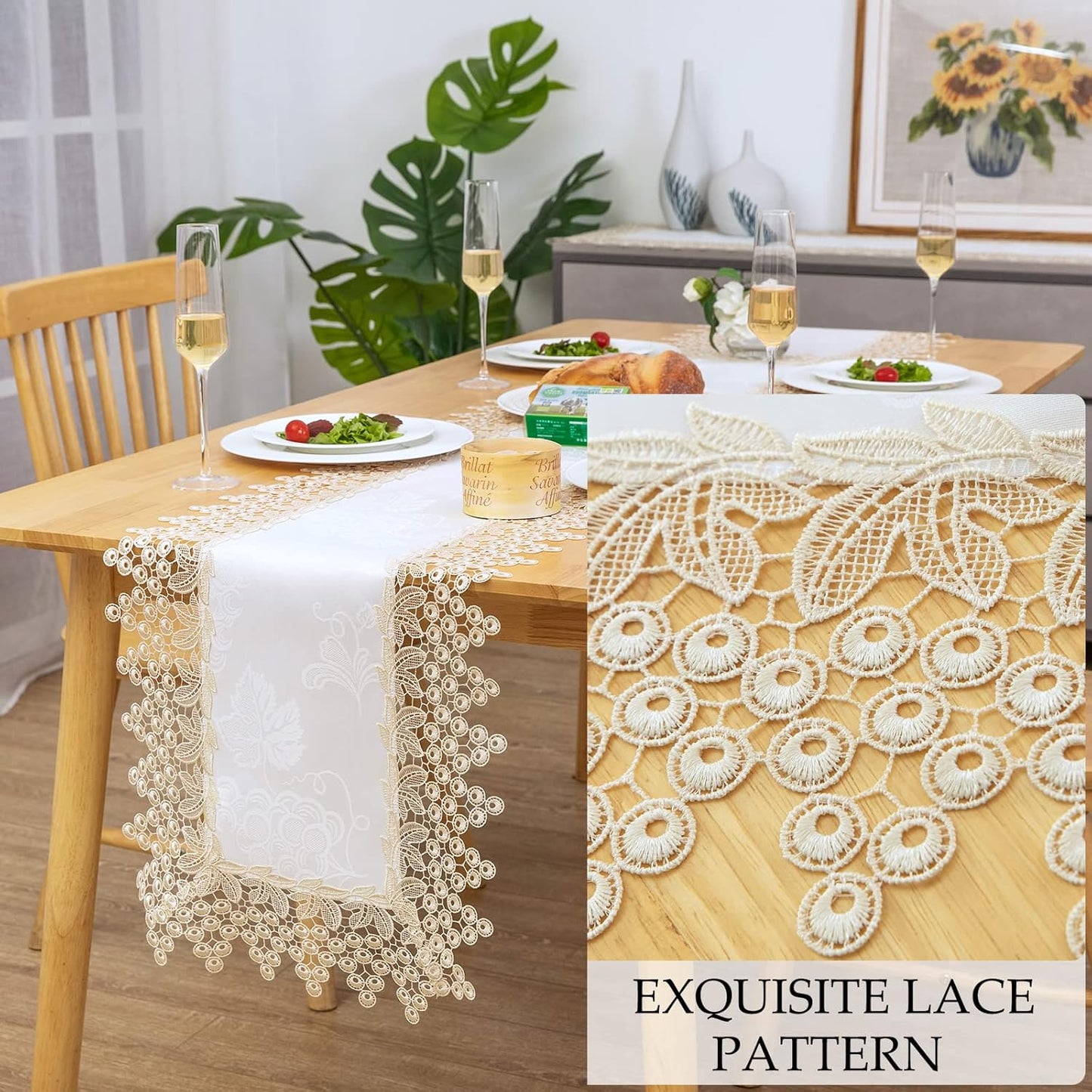 Beige lace Premium Rectangle Farmhouse Table Runner Waterproof OilProof SpillProof AntiShrink Soft Wrinkle Resistant Decorative Fabric Table Cover Kitchen Dinning Party Wedding Banquet
