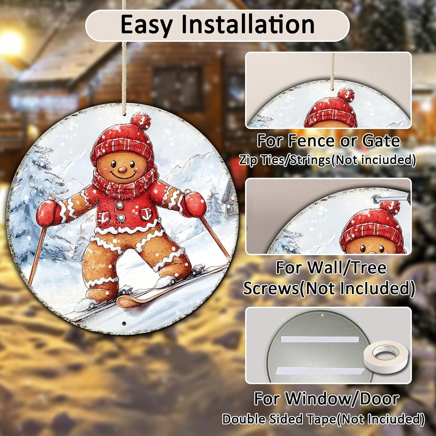 Round Gingerbread Man Ski Vintage Metal Sign Skiing Sign, Office Sign Home Décor Ski Lodge Décor Cabin Tin Sign 8 * 8 in