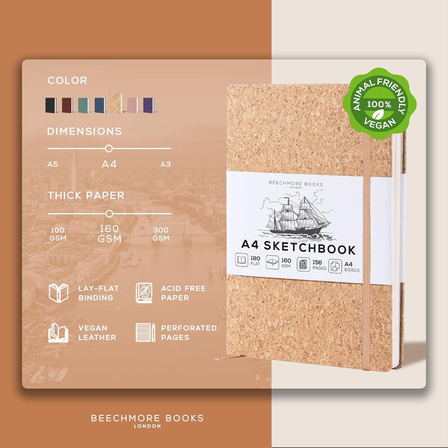 Beechmore Books A4 Sketchbook – 8.5x11 Premium Vegan Leather Bound Large Sketch Book Hardcover with 156 Thick 160gsm Perforated Ivory Pages, Blank Sketch Pad, Gift Boxed, Back Pocket, Ribbon Bookmark
