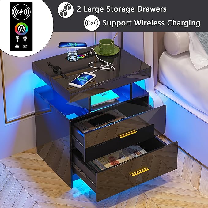 HNEBC Auto LED Nightstand with Wireless Charging Station & USB Ports, High - Image 12