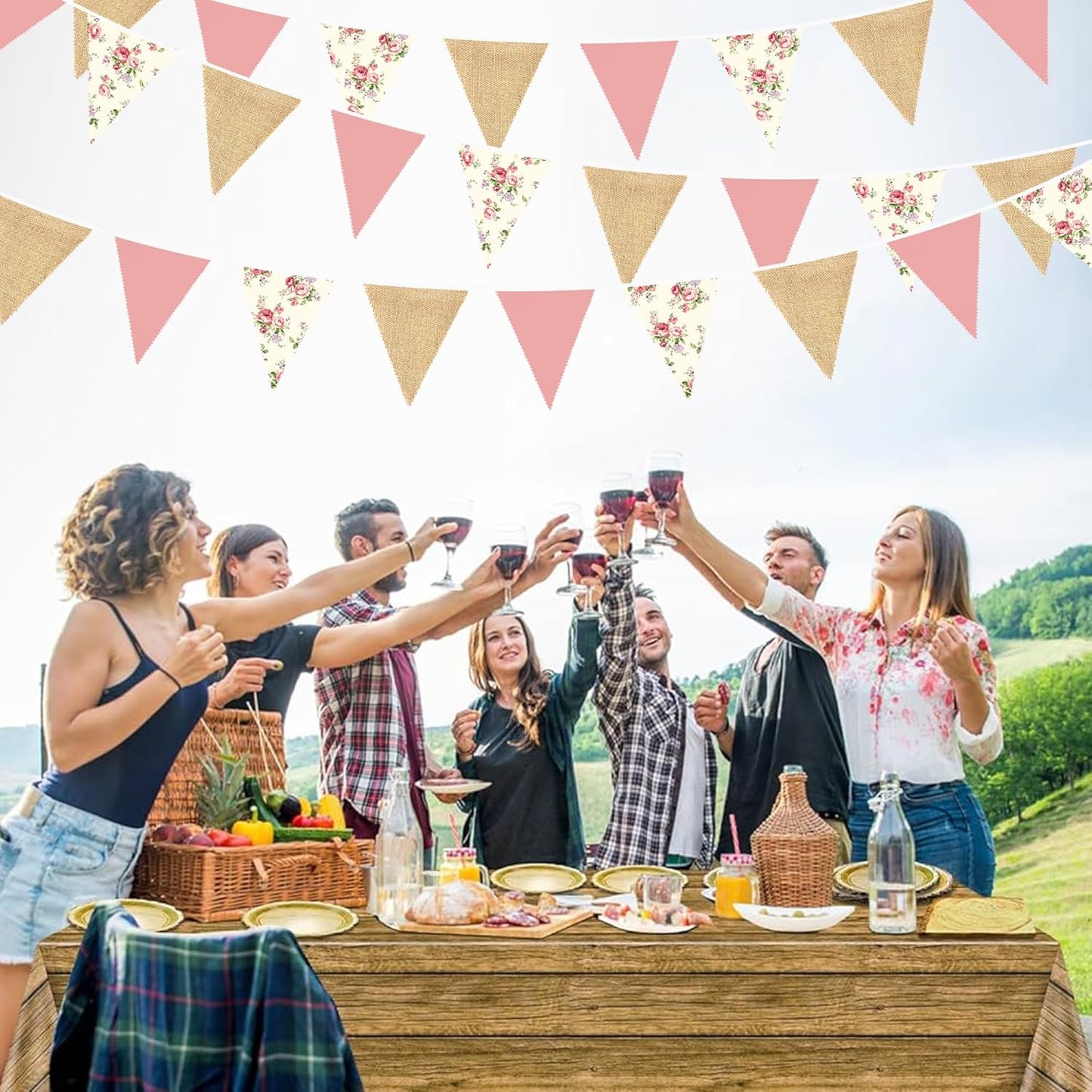 32Ft Flora Party Decorations Blush Rose Pink Burlap Flora Triangle Flag Fabric Banner Pennant Garland Streamer for Chic Tea Party Vintage Birthday Wedding Baby Shower Engagement Rustic Garden Decor