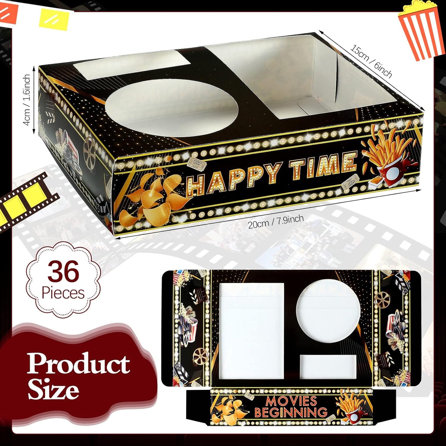 Faccito 36 Pcs Movie Night Snack Trays Movie Theater Snack Boxes Night Supply Disposable Paper Holder Tray for Popcorn Food Candy Drink Party 8 x 6 Inch(Black Gold,Cute Style)
