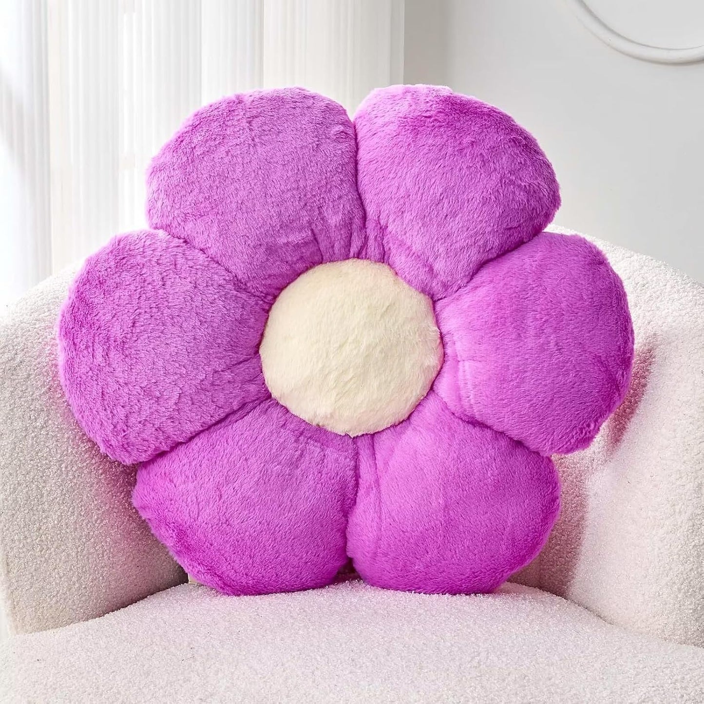 Purple Flower Pillow - Cute Decorative Throw Pillow Shaped Like a Flower, 14.9" Soft Plush Faux Rabbit Fur Cover for Bedroom Living Room