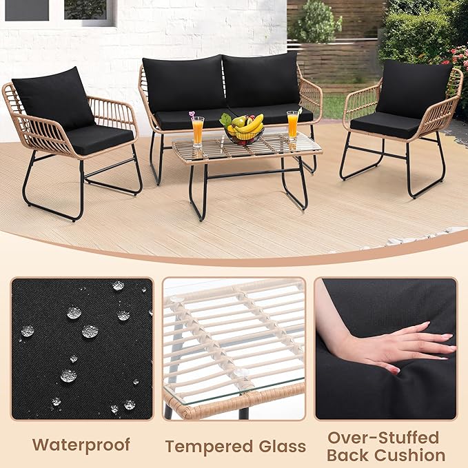 Kromax 4 Piece Patio Bistro Outdoor Furniture Set, Wicker Sofa, 2 Rattan Chairs - Image 4