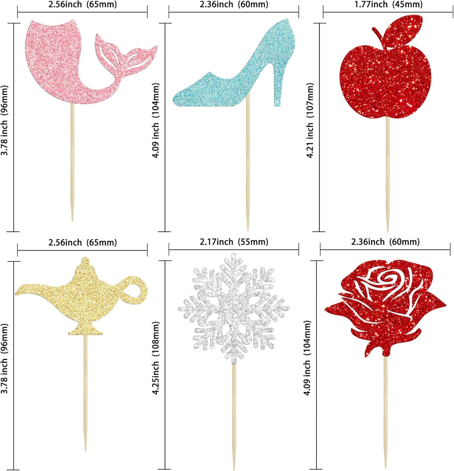 Gyufise 24Pcs Princess Symbol Cupcake Toppers Apple Mermaid High Heel Snowflake Rose Cupcake Picks for Girl Birthday Baby Shower Party Decorations