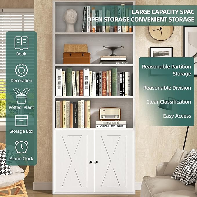 Modern Bookshelf with Doors, Industrial Bookshelves with 6-Tier Shelf, 71 - Image 3
