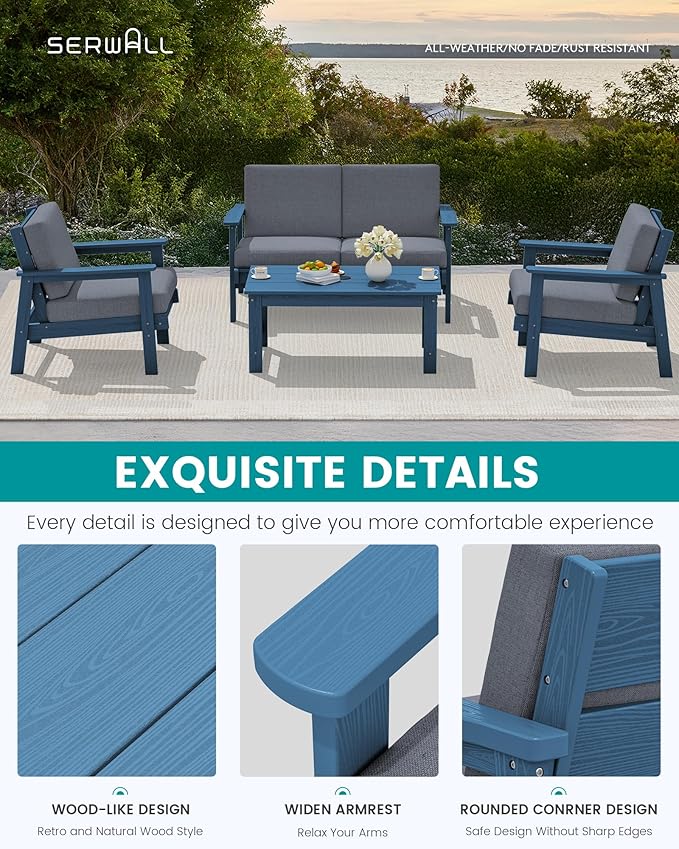 SERWALL Outdoor Patio Furniture Set, 5 Piece HDPE Patio Conversation Sets - Image 4