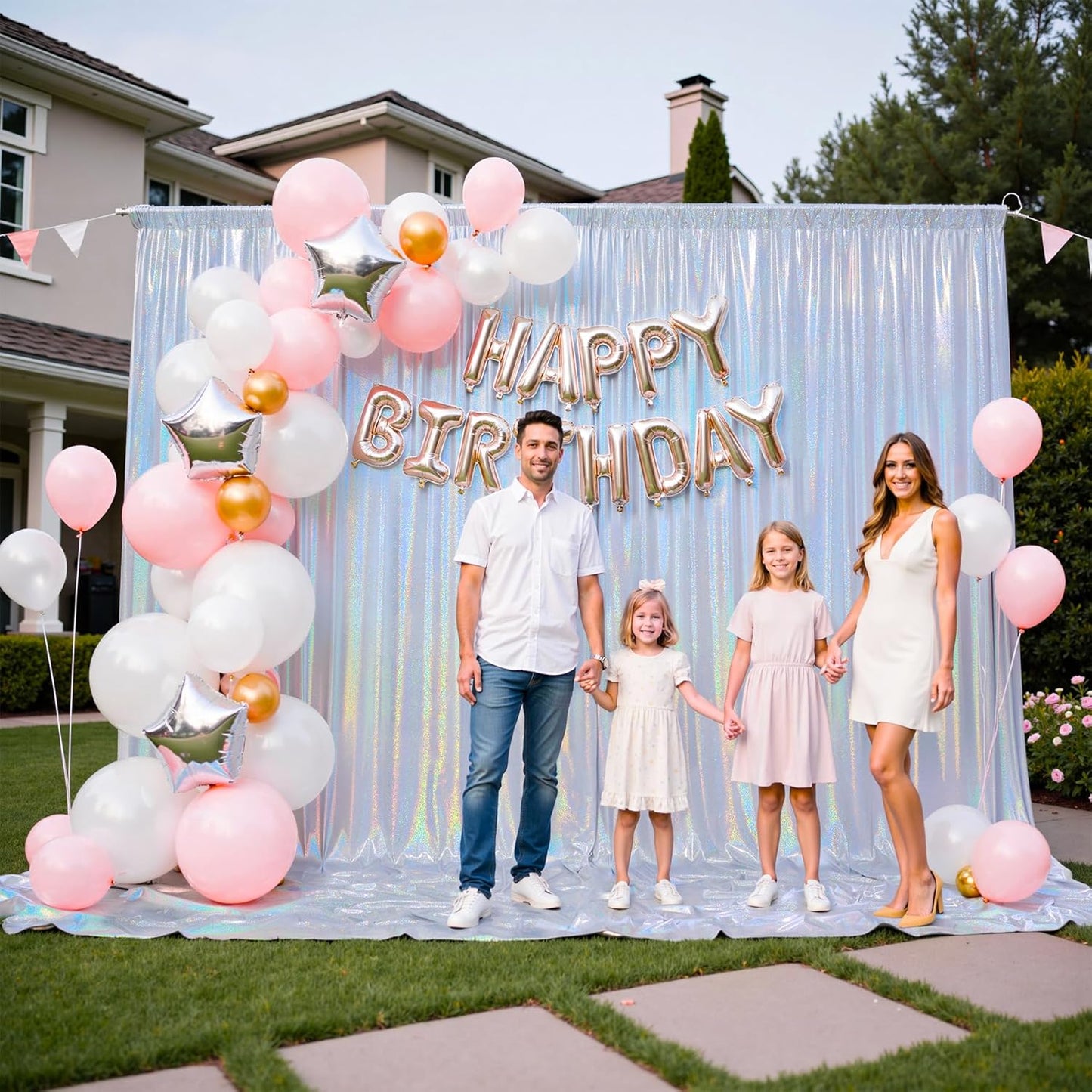 gogoparti 20x10FT Laser Silver Sequin Backdrop Curtain - 4 Panels of 5x10FT Wrinkle-Free Glitter Drapes for Photography, Birthdays, Weddings & Graduations