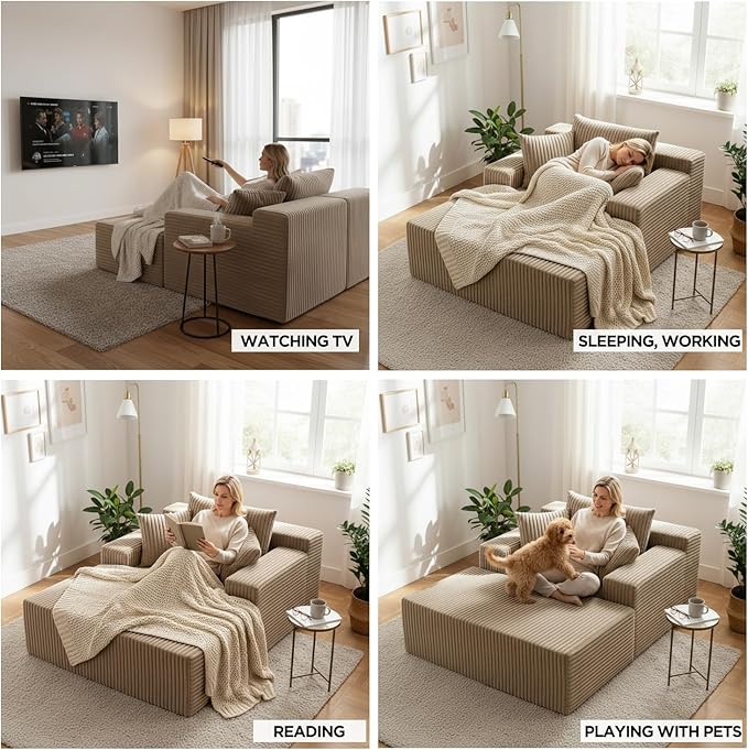 Sytopia Chaise Lounge with Armrests, Oversized Sofa Bed with 3 Pillows - Image 6